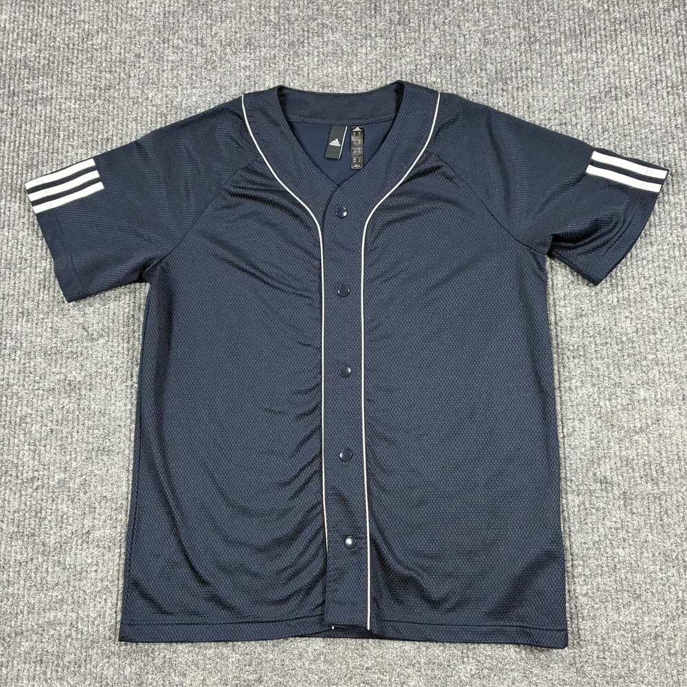 Adidas Mens Baseball Jersey Size M Navy Blue White Stripe Button Front Athletic